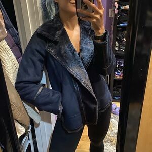 Michael Kors Navy Faux Fur Aviator Moto Jacket